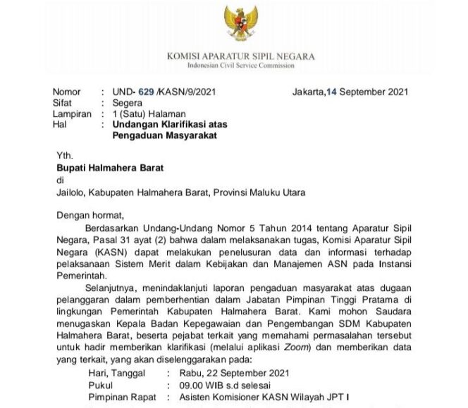 Surat Klarifikasi Dari KASN Untuk dilakukan klarifikasi.