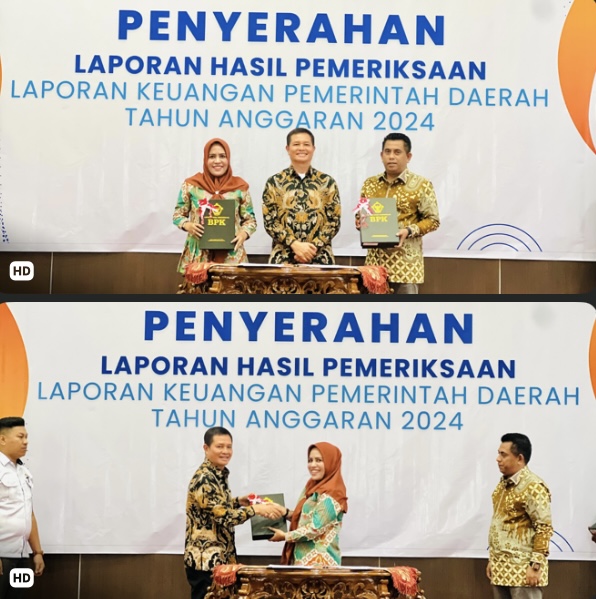 Bupati Fifian Adeningsi Mus saat menerima LHP BPK yang diserahkan langsung Kepala BPK Perwakilan Maluku Utara di kantor BPK, Rabu (28/5/2025)